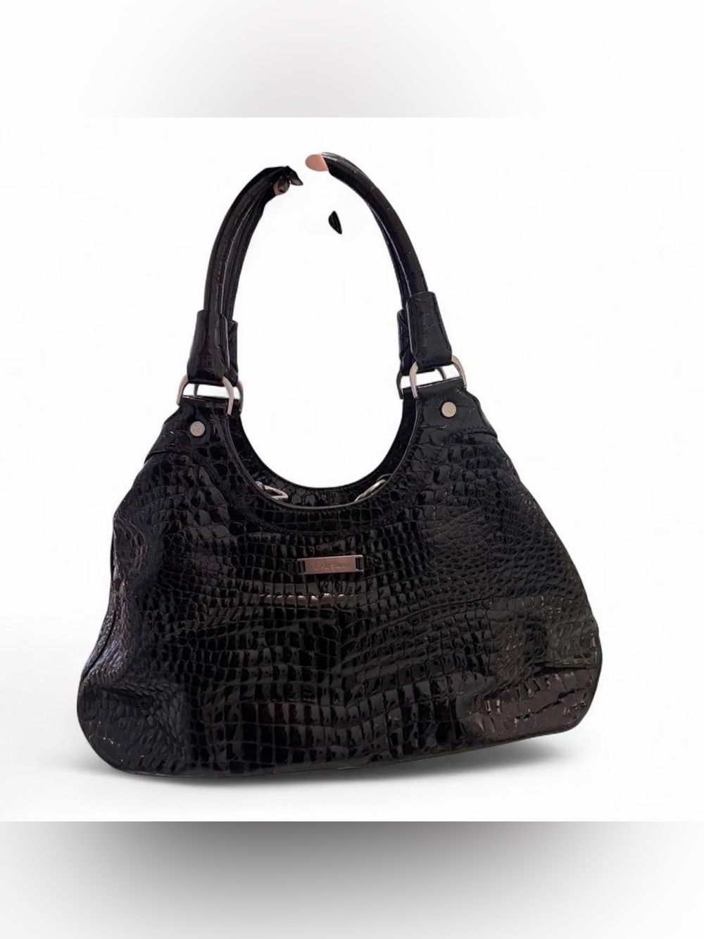 Cole Haan Y2K Style Black Croc-Embossed Patent Leather Shoulder Bag